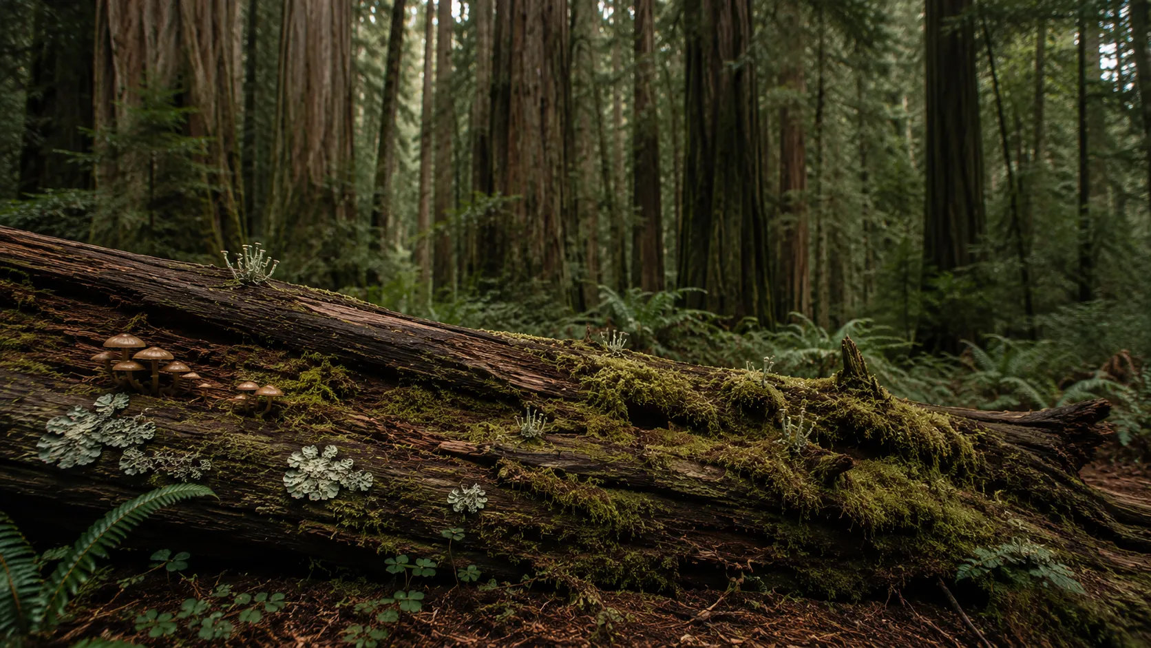 Moss-covered forest with soft light filtering through the trees.